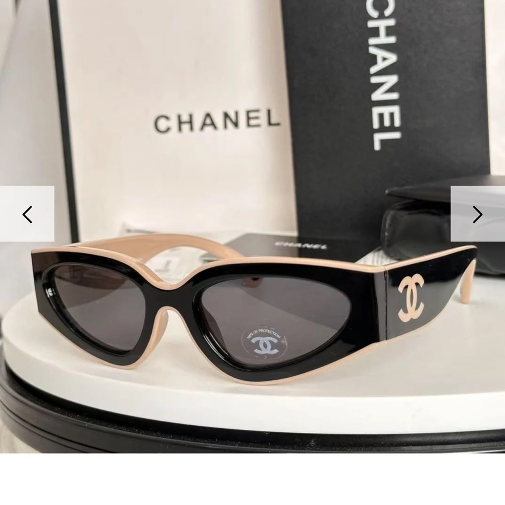 Chanel Black and Tan Cat-Eye Sunglasses with Gold Accents